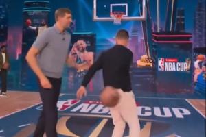 你们仨会打球吗！德克&纳什&格里芬在演播室玩起投篮 一球未中！
